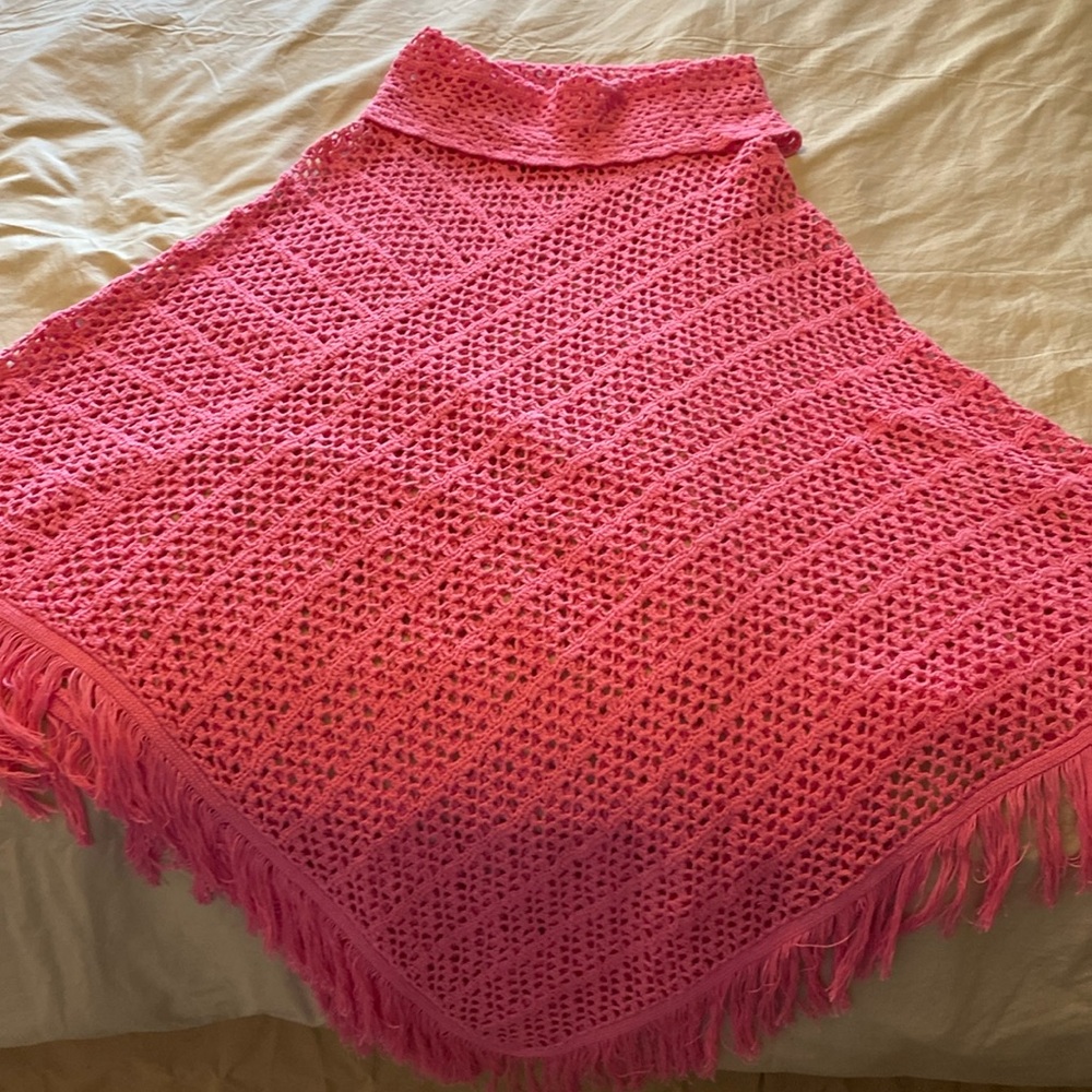 Pink cotton turtleneck crochet poncho/shawl